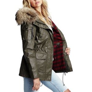 SAM. Cabin Parka Olive Gray Fox Fur Buffalo Plaid Coated Coat ($1,100, size s)